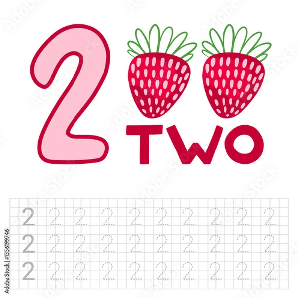 Fototapeta Number 2. Entertaining book. Page for developing children's writing. Teaching kids to write numbers.
