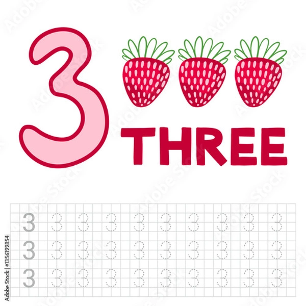 Fototapeta Number 3. Entertaining book. Page for developing children's writing. Teaching kids to write numbers.