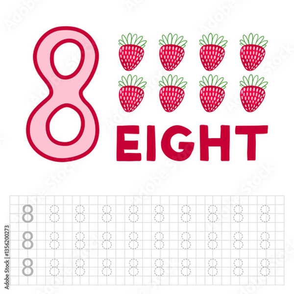 Fototapeta Number 8. Entertaining book. Page for developing children's writing. Teaching kids to write numbers.