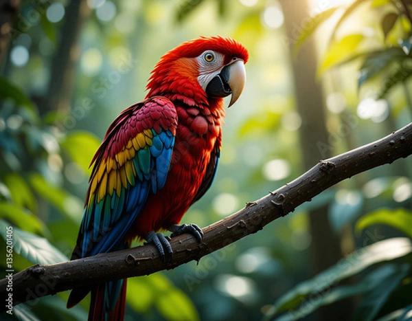 Fototapeta Scarlet macaw with striking red, blue and yellow feathers, perched on a tree branch in a dense tropical rainforest. A beautifully detailed bird