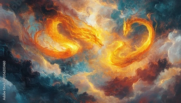 Fototapeta Fiery Dragons Ascending Amidst Celestial Clouds: A Vibrant Mythical Display
