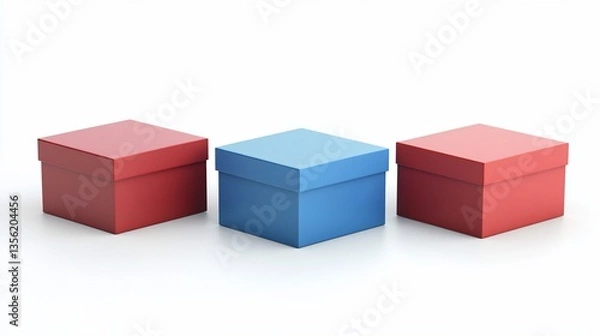 Fototapeta Isolated three color boxes composition, simple minimalist arrangement, 3D render