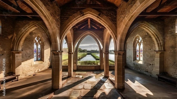 Fototapeta Empty interior of the old stone church, Windows overlooking the reservoir