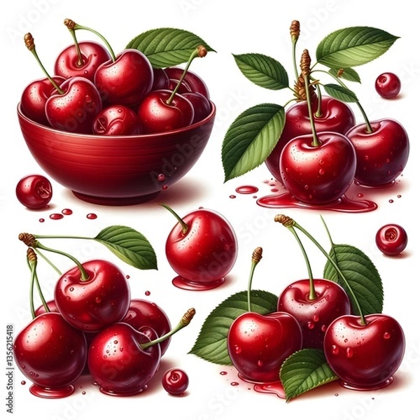 Obraz A set of fresh red cherries isolated on white background 