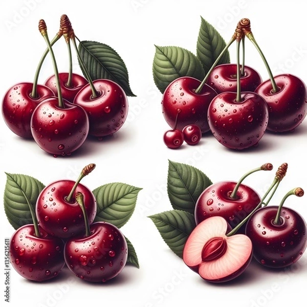 Obraz A set of fresh red cherries isolated on white background 