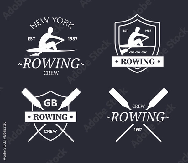 Fototapeta Rowing team logo. Vector emblem of rowing crew with paddles. Rower silhouette.