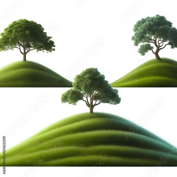 Obraz A set of trees on grass hill, set, isolated on white background