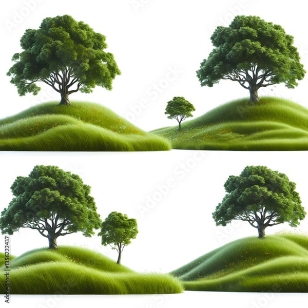 Obraz A set of trees on grass hill, set, isolated on white background