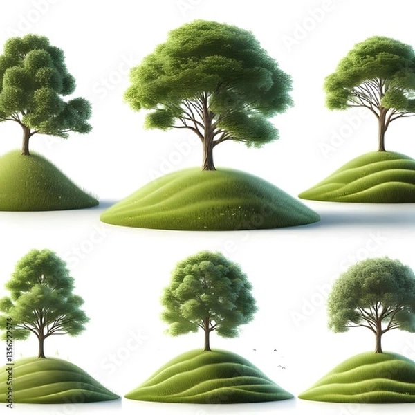 Obraz A set of trees on grass hill, set, isolated on white background