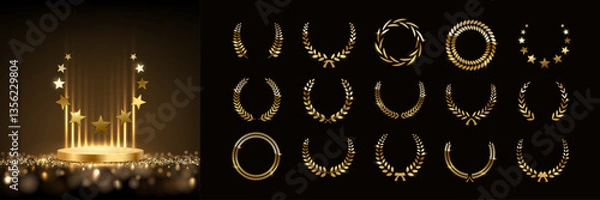 Fototapeta Gold award podium with laurel wreath and set of different golden laurel wreaths and ribbons vector illustration. Luxury templates for glamour product presentation, winner ceremony.