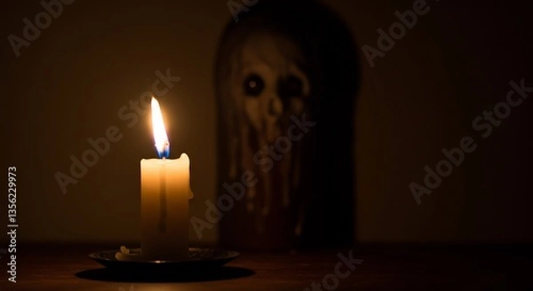Fototapeta Glowing Candle Obscurely Lights Melted Skull. AI Generated