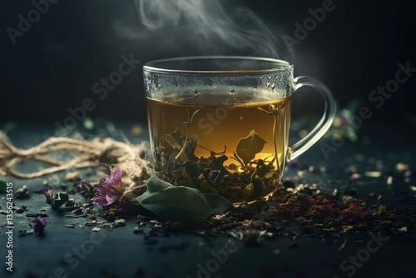 Fototapeta Steaming cup of herbal tea on dark surface with dried flowers and leaves