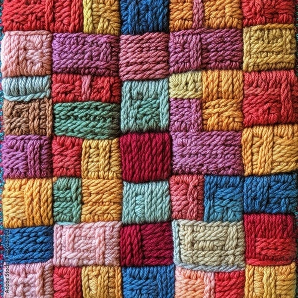Fototapeta Colorful patchwork textile composed of woven yarn squares in vibrant hues and intricate patterns perfect for crafts or home decor projects and artistic displays