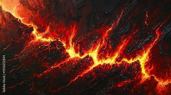 Fototapeta Volcanic eruption with molten lava flowing down