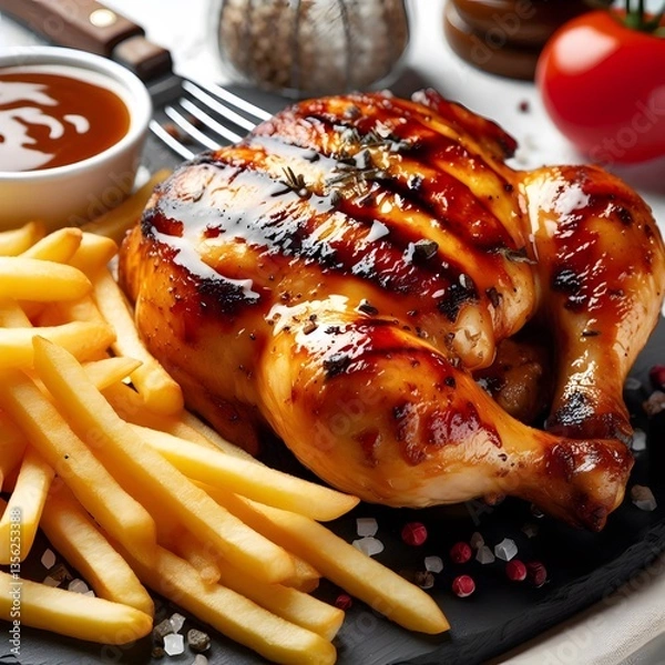 Obraz closeup of grilled chicken with french fries on a white background