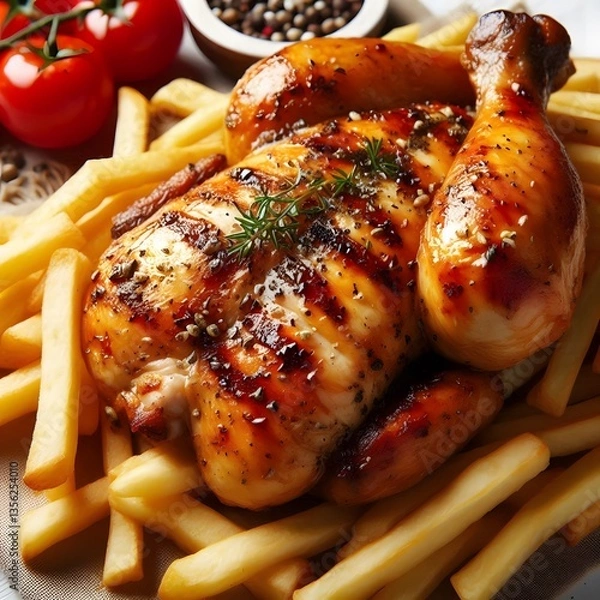 Obraz closeup of grilled chicken with french fries on a white background