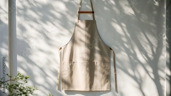 Fototapeta clean apron mockup concept. Apron hanging against a wall with shadows cast by nearby foliage.