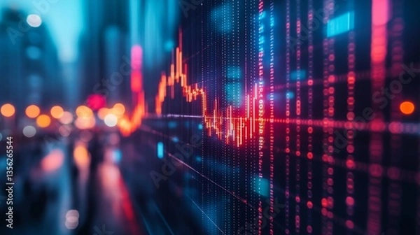 Fototapeta Vibrant financial data visualization showing market trends and analysis in an urban setting at dusk