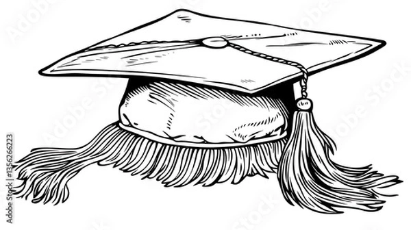 Obraz Graduation cap illustration, black and white, detailed.