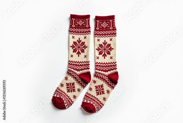 Obraz Cozy winter socks with traditional Nordic pattern on white background.