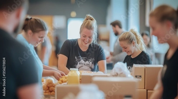 Obraz In a well-lit community hall, volunteers work together, packing food, clothing, and medical supplies into labeled boxes while displaying focus and teamwork
