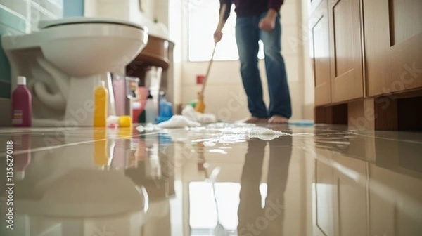 Obraz A person hurriedly mops up water from a toilet overflow in a bright, modern bathroom, surrounded by cleaning supplies and reflections on the tiled floor