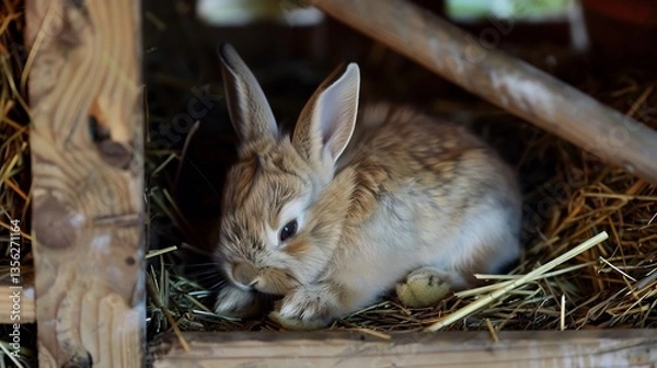 Fototapeta Baby rabbit curled up in a wooden crate surrounded by hay its tiny paws tucked beneath its soft fur