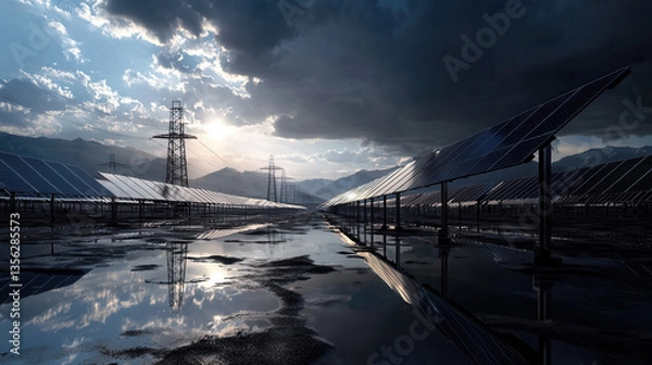 Fototapeta vast solar power station in desert landscape with reflective puddles, dramatic clouds, and distant mountains