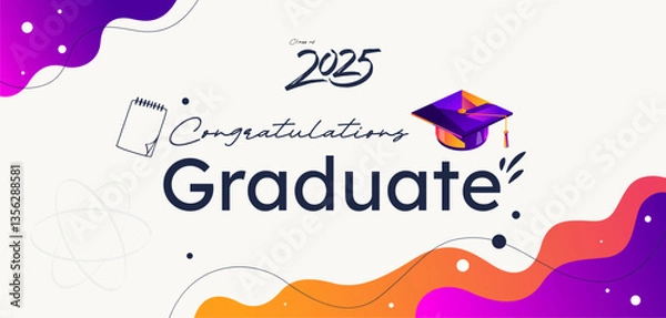 Obraz 2025 graduation congratulation banner with modern typography and colorful fluid shapes. Vector design with graduation cap, suitable for banners, cards, and event