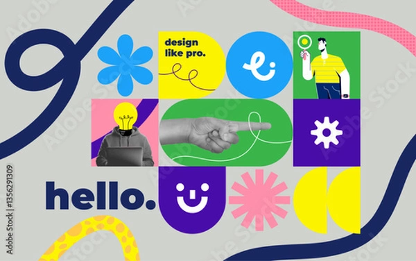Fototapeta The abstract collage banner for Ui design or Web Designer portfolio. The halftone hand and geometric elements, modern design. Social media template. Vector illustration