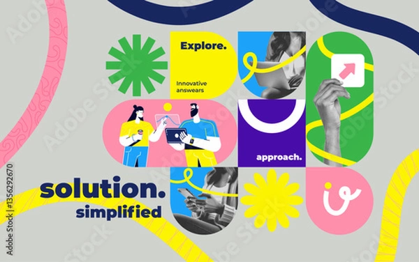 Fototapeta Contemporary Halftone Collage Hand holds arrow up sing. Study and education concept. New ideas and solutions in business. Creative mind or brainstorm. Vector illustration