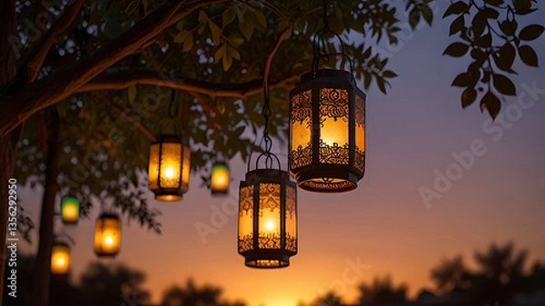 Fototapeta Lanterns and Tree Lit by Warm Sunset for Enchanting Evening Atmosphere

