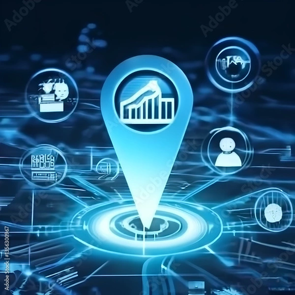 Fototapeta Digital location pin icon with artificial intelligence binary code in navigation app, Customized travel suggestion development.