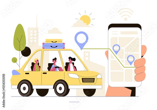 Fototapeta Ride Sharing Vector Illustration Featuring Shared Transportation Services Using Vehicles to Transport Passengers from One Place to Another