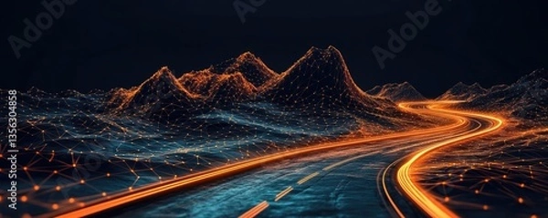 Fototapeta Abstract background with lines and glowing orange triangles on a dark blue background