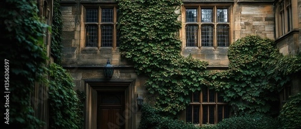 Fototapeta A historic building with lush green ivy growing on its walls, perfect for use in historical or vintage-themed designs