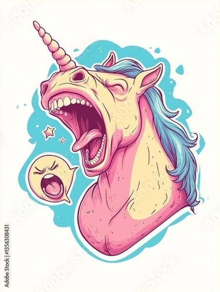 Obraz Fun digital illustration of a unicorn shouting, blue mane, pink and yellow contrast, expressive and bold fantasy character, isolated on white background