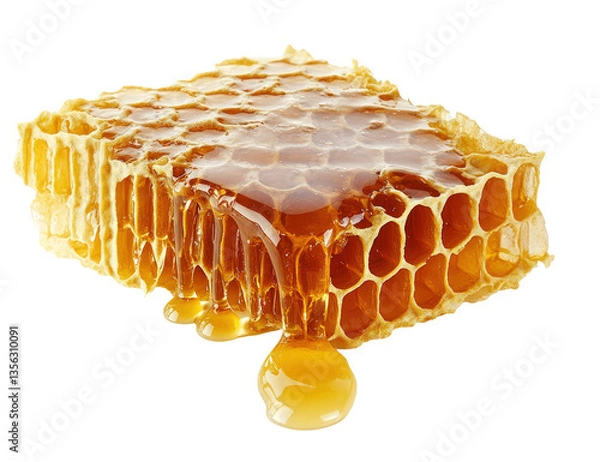 Fototapeta Honeycomb dripping golden honey on transparent background (1)