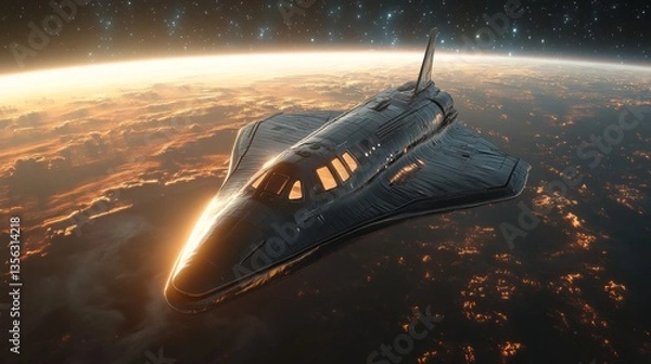 Fototapeta A sleek spaceplane glides through the upper atmosphere, with the Earth glowing below. The craft utilizes revolutionary propulsion methods, aiming for hypersonic speed and flight innovation.