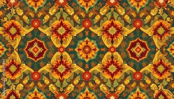 Fototapeta  Bold African Heritage: Vibrant Tribal Pattern with Abstract Ethnic Symbols in Red, Yellow, and Green