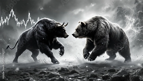 Obraz a powerful black and white image depicting a bull and a bear facing each  other