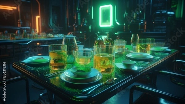 Fototapeta Futuristic Dinner Table Setting in Neon-Lit Room