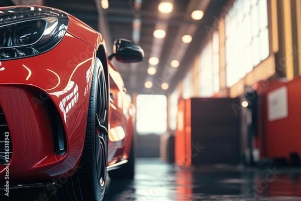 Fototapeta A bright red sports car is parked in a garage with a door open