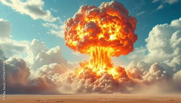 Obraz artistic representation of a nuclear explosion with a vibrant mushroom cloud set againts a blue sky