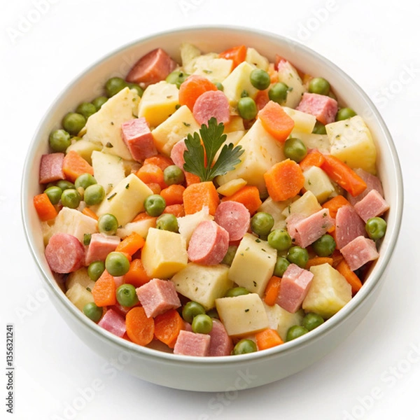 Fototapeta  Tasty Olivier salad with boiled sausage in bowl isolated on white