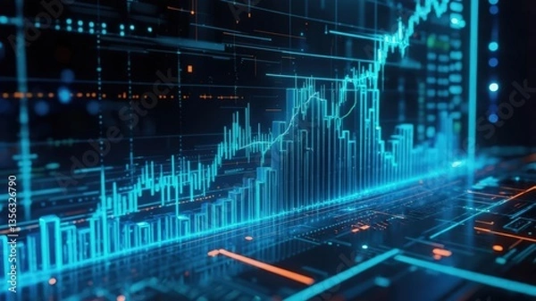 Fototapeta Digital financial graph with blue data visualization on a dark background.