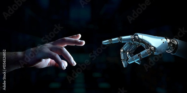 Obraz Cyborg finger about to touch human finger. Man hand going closer to robotic hand on black background. Generative ai robot hand
