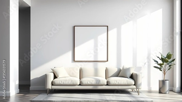 Fototapeta Serene Interior: A minimalist living room exudes tranquility, with sunlight casting a warm glow across a neutral-toned sofa, a blank frame, and a potted plant