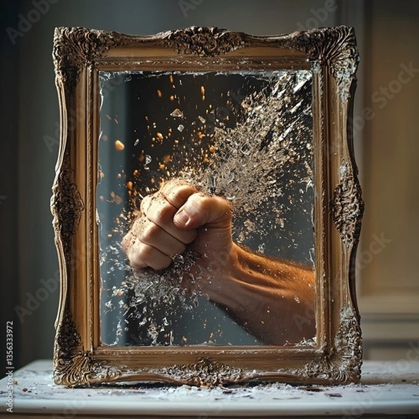 Fototapeta A fist shatters a mirror within an ornate gold frame. Shattered glass and water-like shards spray outwards.