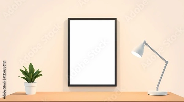 Fototapeta "Modern Office Decor: A minimalist office setting features a framed picture, a stylish lamp, and a potted plant, showcasing clean lines and a calming atmosphere.